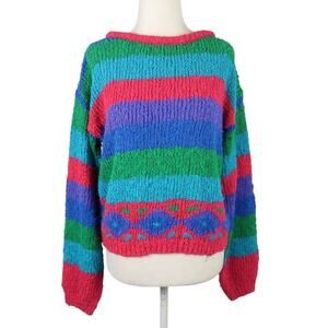 Vintage 80s Gitano blue pink green purple stripe knit sweater M